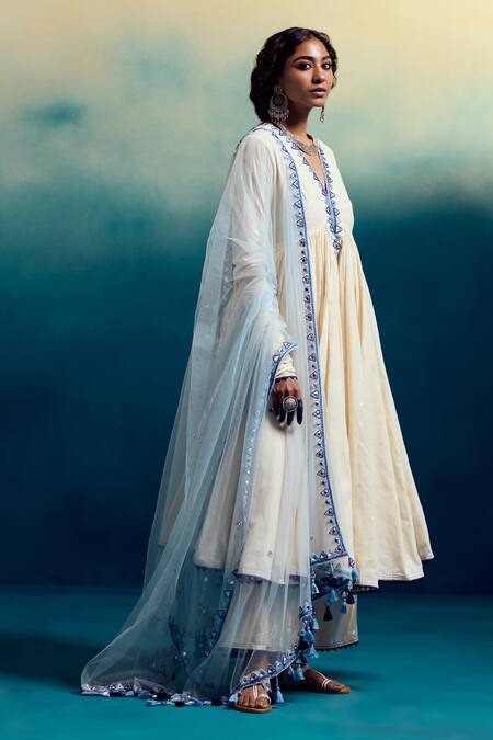 Buy Karishma Khanduja Bareilly Cream Net Mirrors, Embroidery V-neck Neckline Anarkali Pant Set Online at Aza Fashions Buy_Karishma Khanduja Bareilly_Cream Net Mirrors, Embroidery V-neck Neckline Anarkali Pant Set _Online_at_Aza_Fashions