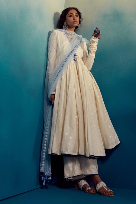 Karishma Khanduja Bareilly Cream Net Mirrors, Embroidery V-neck Neckline Anarkali Pant Set at Aza Fashions Karishma Khanduja Bareilly_Cream Net Mirrors, Embroidery V-neck Neckline Anarkali Pant Set _at_Aza_Fashions