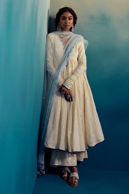 Buy Karishma Khanduja Bareilly Cream Net Mirrors, Embroidery V-neck Neckline Anarkali Pant Set Buy_Karishma Khanduja Bareilly_Cream Net Mirrors, Embroidery V-neck Neckline Anarkali Pant Set