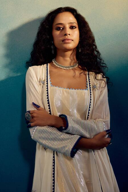 Buy_Karishma Khanduja Bareilly_Cream Kota Doria Embroidery Square Neck Open Anarkali Pant Set _Online_at_Aza_Fashions