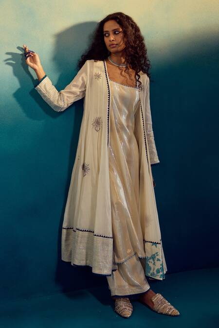 Shop_Karishma Khanduja Bareilly_Cream Kota Doria Embroidery Square Neck Open Anarkali Pant Set _Online_at_Aza_Fashions