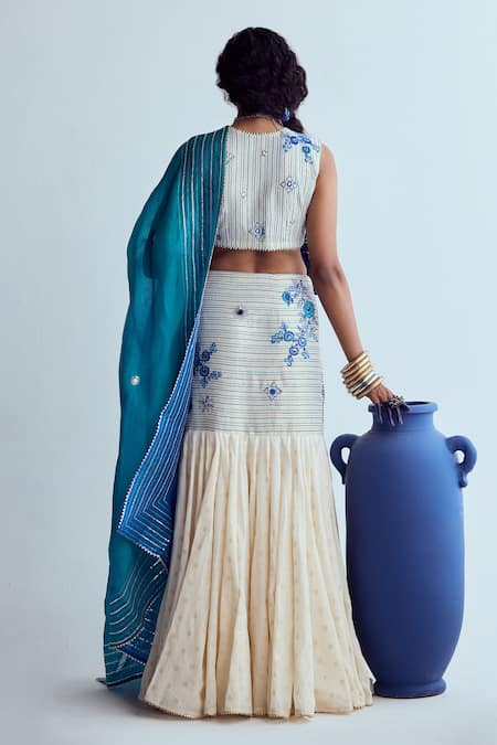 Shop Karishma Khanduja Bareilly Cream Kota Doria Mirrors, Embroidery V-neck Floral Skirt Set at Aza Fashions Shop_Karishma Khanduja Bareilly_Cream Kota Doria Mirrors, Embroidery V-neck Floral Skirt Set _at_Aza_Fashions