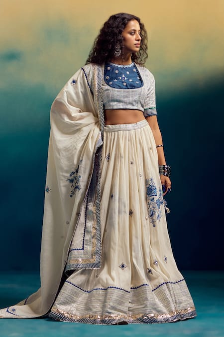 Karishma Khanduja Bareilly_Cream Chanderi, Maheshwari, Kota Doria Mirrors, Sequins, Kalidar Lehenga Set _Online_at_Aza_Fashions