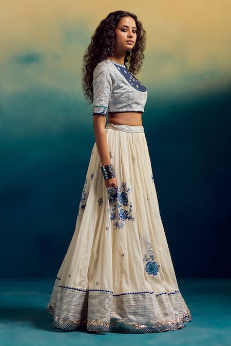 Shop_Karishma Khanduja Bareilly_Cream Chanderi, Maheshwari, Kota Doria Mirrors, Sequins, Kalidar Lehenga Set _Online_at_Aza_Fashions