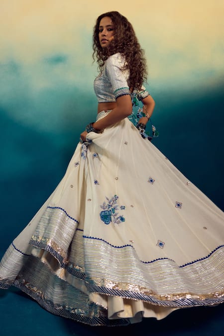 Karishma Khanduja Bareilly_Cream Chanderi, Maheshwari, Kota Doria Mirrors, Sequins, Kalidar Lehenga Set _at_Aza_Fashions