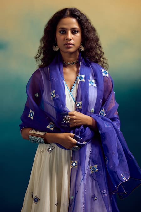 Shop_Karishma Khanduja Bareilly_Cream Kota Doria, Organza Mirrors, Embroidery V-neck Angarkha Anarkali Pant Set _Online_at_Aza_Fashions