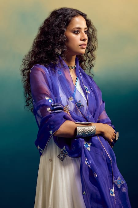 Karishma Khanduja Bareilly_Cream Kota Doria, Organza Mirrors, Embroidery V-neck Angarkha Anarkali Pant Set _at_Aza_Fashions