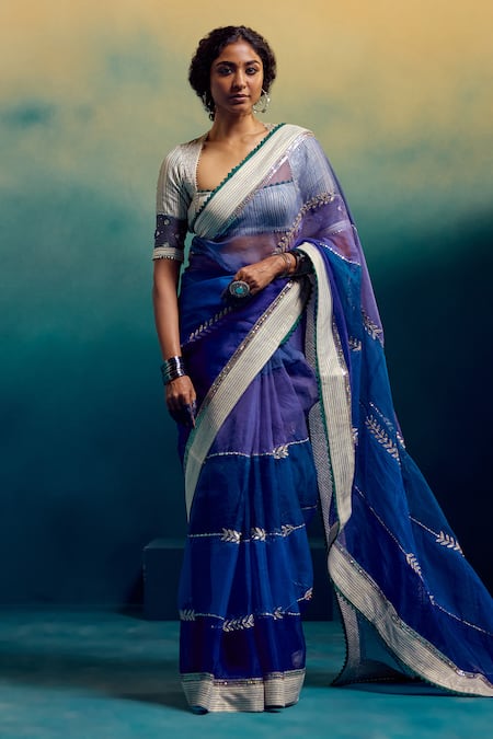 Karishma Khanduja Bareilly Blue Saree Organza Embroidered Thread Square With Blouse 