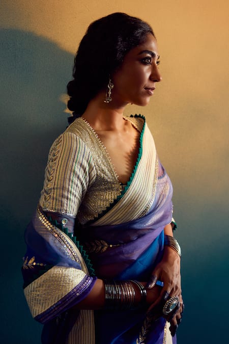 Karishma Khanduja Bareilly_Blue Cotton Sequins Square Neck Embroidered Saree With Blouse _Online_at_Aza_Fashions