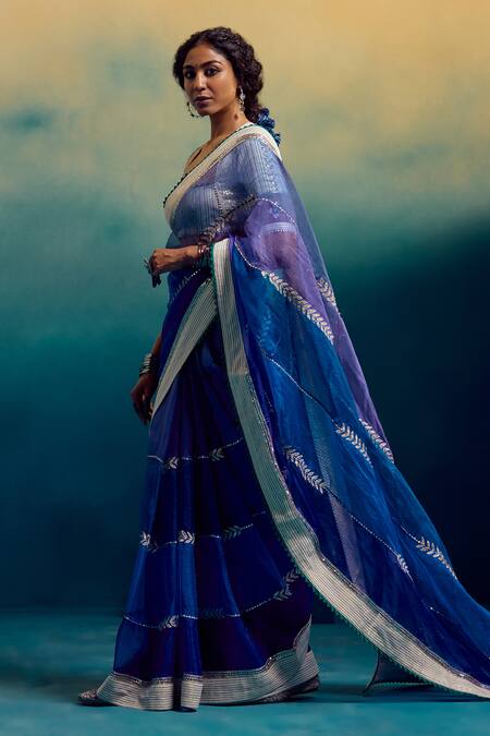 Buy_Karishma Khanduja Bareilly_Blue Cotton Sequins Square Neck Embroidered Saree With Blouse _Online_at_Aza_Fashions