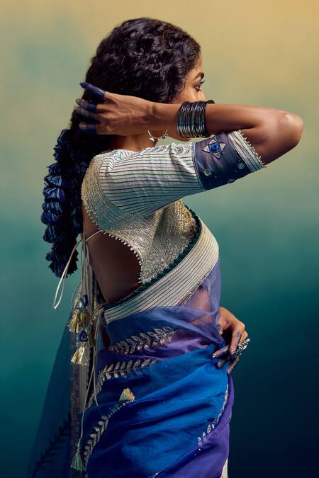 Shop_Karishma Khanduja Bareilly_Blue Cotton Sequins Square Neck Embroidered Saree With Blouse _Online_at_Aza_Fashions