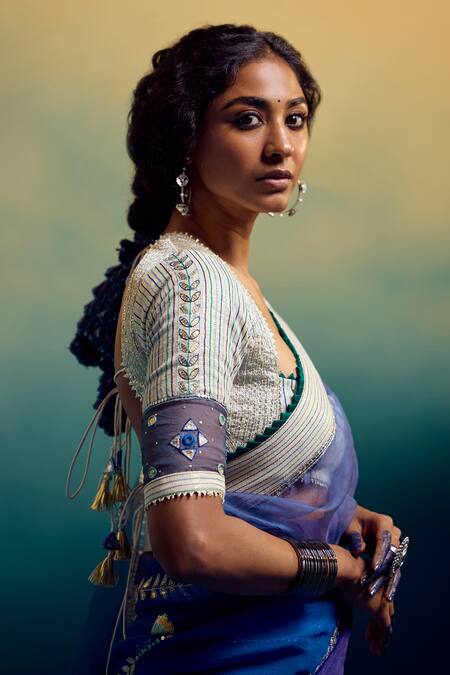 Karishma Khanduja Bareilly_Blue Cotton Sequins Square Neck Embroidered Saree With Blouse _at_Aza_Fashions