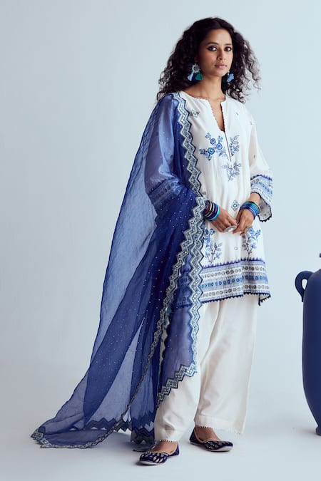 Karishma Khanduja Bareilly Blue Chanderi Printed Floral Notched Kurta Salwar Set 