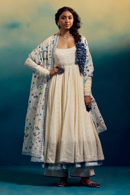 Karishma Khanduja Bareilly_Cream Kota Doria, Chanderi Silk, Cotton Sequins, Anarkali Churidar Set _Online_at_Aza_Fashions
