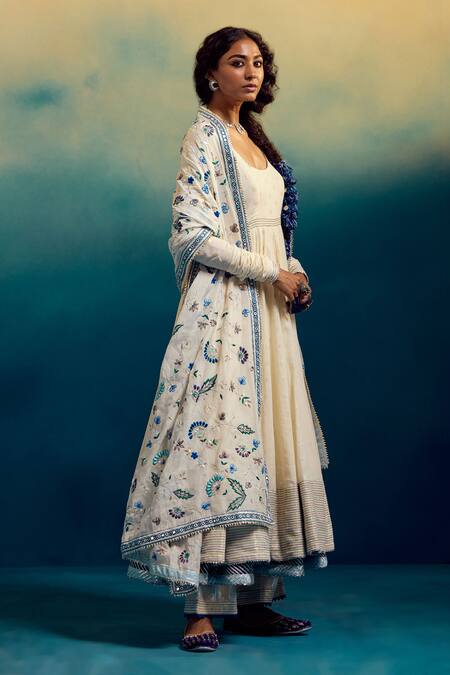 Buy_Karishma Khanduja Bareilly_Cream Kota Doria, Chanderi Silk, Cotton Sequins, Anarkali Churidar Set _Online_at_Aza_Fashions