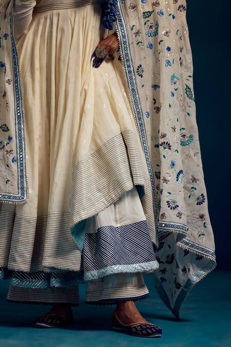 Shop_Karishma Khanduja Bareilly_Cream Kota Doria, Chanderi Silk, Cotton Sequins, Anarkali Churidar Set _Online_at_Aza_Fashions