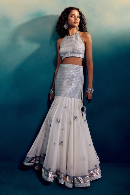 Shop_Karishma Khanduja Bareilly_Cream Chanderi, Organza Sequins, Mirrors Round Embroidered Half Kali Lehenga Set _Online_at_Aza_Fashions