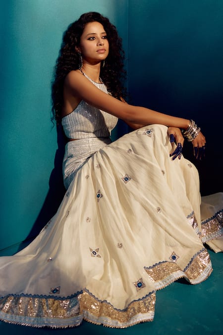 Karishma Khanduja Bareilly_Cream Chanderi, Organza Sequins, Mirrors Round Embroidered Half Kali Lehenga Set _at_Aza_Fashions