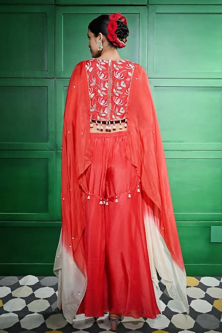 Shop Keith Gomes Red Silk Organza, Linen Pearls, Embroidery Round Neck Yoke Tunic With Gharara at Aza Fashions Shop_Keith Gomes_Red Silk Organza, Linen Pearls, Embroidery Round Neck Yoke Tunic With Gharara _at_Aza_Fashions