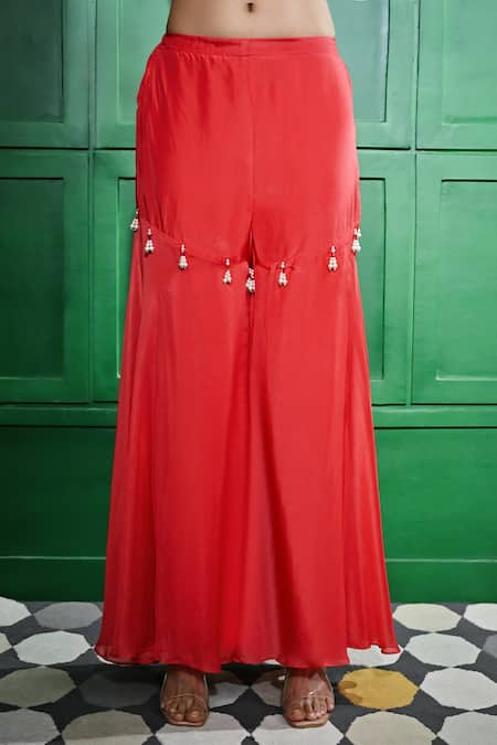 Buy Keith Gomes Red Silk Organza, Linen Pearls, Embroidery Round Neck Yoke Tunic With Gharara Online at Aza Fashions Buy_Keith Gomes_Red Silk Organza, Linen Pearls, Embroidery Round Neck Yoke Tunic With Gharara _Online_at_Aza_Fashions