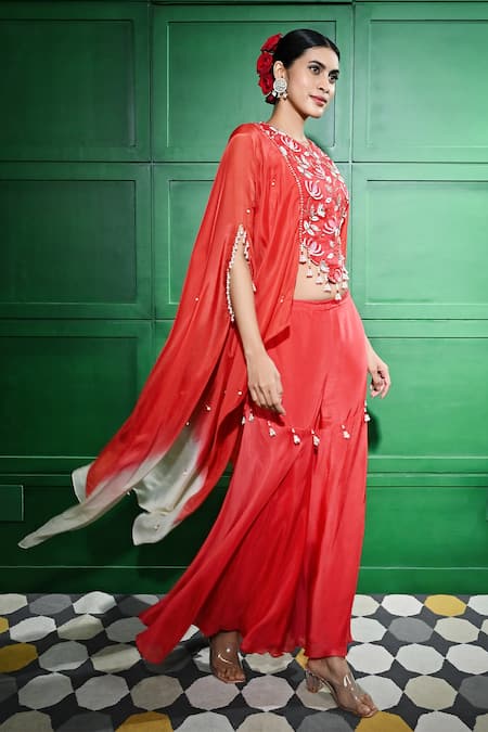 Shop Keith Gomes Red Silk Organza, Linen Pearls, Embroidery Round Neck Yoke Tunic With Gharara Online at Aza Fashions Shop_Keith Gomes_Red Silk Organza, Linen Pearls, Embroidery Round Neck Yoke Tunic With Gharara _Online_at_Aza_Fashions