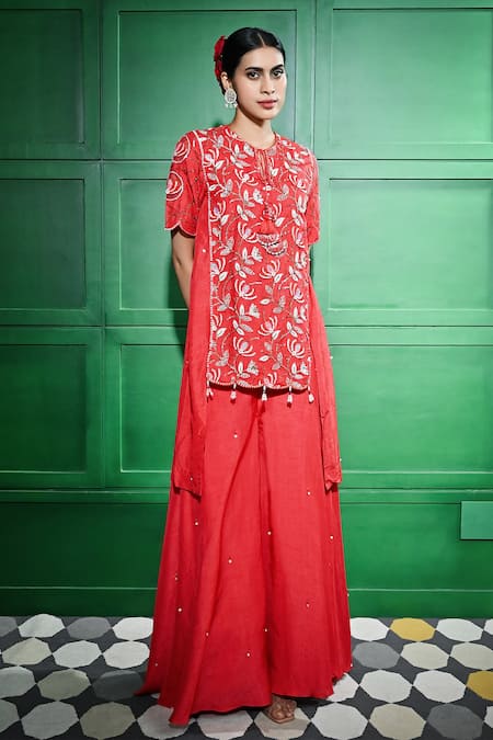 Keith Gomes Red Raw Silk Embroidered Thread Round Pearl Yoke Tunic With Sharara 