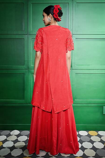 Shop Keith Gomes Red Ramie, Silk, Cotton Pearls, Sequins Open Embroidered Yoke Tunic With Sharara at Aza Fashions Shop_Keith Gomes_Red Ramie, Silk, Cotton Pearls, Sequins Open Embroidered Yoke Tunic With Sharara _at_Aza_Fashions