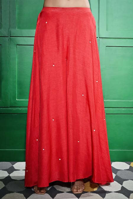 Buy Keith Gomes Red Ramie, Silk, Cotton Pearls, Sequins Open Embroidered Yoke Tunic With Sharara Online at Aza Fashions Buy_Keith Gomes_Red Ramie, Silk, Cotton Pearls, Sequins Open Embroidered Yoke Tunic With Sharara _Online_at_Aza_Fashions