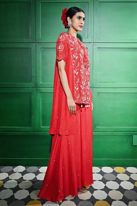 Shop Keith Gomes Red Ramie, Silk, Cotton Pearls, Sequins Open Embroidered Yoke Tunic With Sharara Online at Aza Fashions Shop_Keith Gomes_Red Ramie, Silk, Cotton Pearls, Sequins Open Embroidered Yoke Tunic With Sharara _Online_at_Aza_Fashions