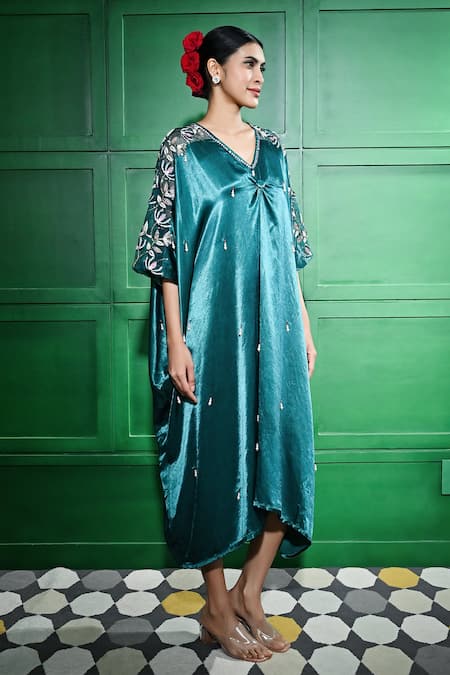 Keith Gomes Green Satin, Linen Pearls, Embroidery V-neck Sheer Sleeve Kaftan Online at Aza Fashions Keith Gomes_Green Satin, Linen Pearls, Embroidery V-neck Sheer Sleeve Kaftan _Online_at_Aza_Fashions