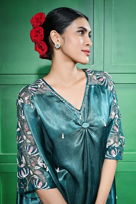 Buy Keith Gomes Green Satin, Linen Pearls, Embroidery V-neck Sheer Sleeve Kaftan Online at Aza Fashions Buy_Keith Gomes_Green Satin, Linen Pearls, Embroidery V-neck Sheer Sleeve Kaftan _Online_at_Aza_Fashions