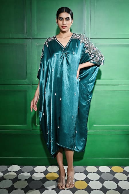 Shop Keith Gomes Green Satin, Linen Pearls, Embroidery V-neck Sheer Sleeve Kaftan Online at Aza Fashions Shop_Keith Gomes_Green Satin, Linen Pearls, Embroidery V-neck Sheer Sleeve Kaftan _Online_at_Aza_Fashions