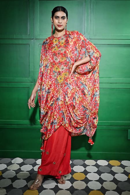 Keith Gomes Red Silk Embellished Tropical Round Print Kaftan With Palazzo 