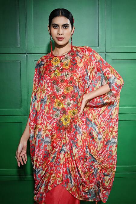 Keith Gomes Red Silk, Georgette Embroidery Round Neck Tropical Print Kaftan With Palazzo Online at Aza Fashions Keith Gomes_Red Silk, Georgette Embroidery Round Neck Tropical Print Kaftan With Palazzo _Online_at_Aza_Fashions