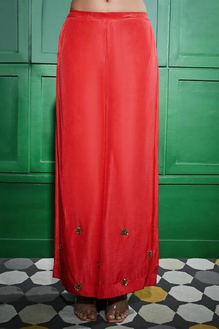 Buy Keith Gomes Red Silk, Georgette Embroidery Round Neck Tropical Print Kaftan With Palazzo Online at Aza Fashions Buy_Keith Gomes_Red Silk, Georgette Embroidery Round Neck Tropical Print Kaftan With Palazzo _Online_at_Aza_Fashions