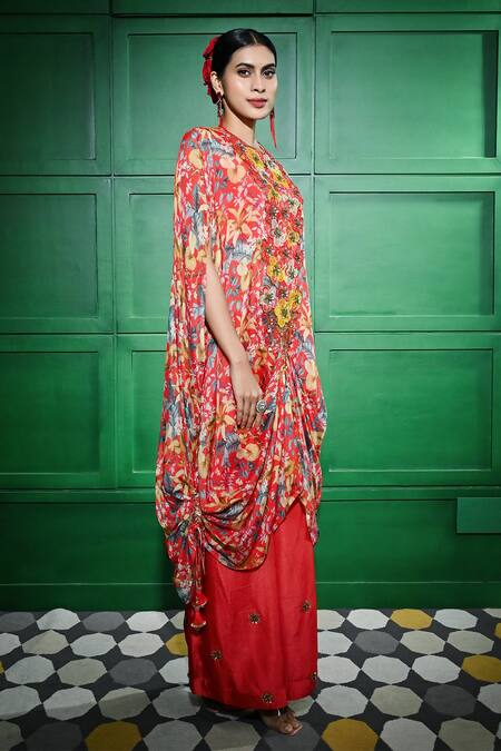 Shop Keith Gomes Red Silk, Georgette Embroidery Round Neck Tropical Print Kaftan With Palazzo Online at Aza Fashions Shop_Keith Gomes_Red Silk, Georgette Embroidery Round Neck Tropical Print Kaftan With Palazzo _Online_at_Aza_Fashions