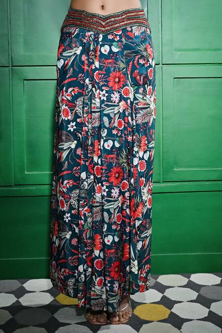 Keith Gomes Green Crepe, Georgette Beads Square Neck Tropical Print Skirt Set With Cape Online at Aza Fashions Keith Gomes_Green Crepe, Georgette Beads Square Neck Tropical Print Skirt Set With Cape _Online_at_Aza_Fashions