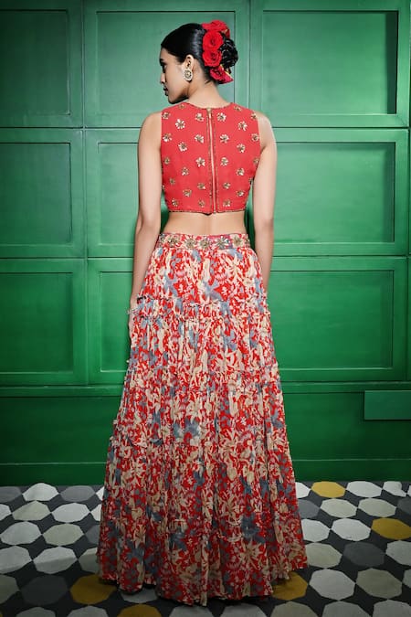 Shop_Keith Gomes_Red Georgette, Linen Beads, Embroidery Round Floral Print Lehenga With Blouse _at_Aza_Fashions