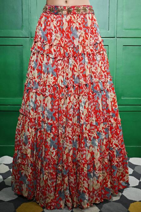 Keith Gomes_Red Georgette, Linen Beads, Embroidery Round Floral Print Lehenga With Blouse _Online_at_Aza_Fashions