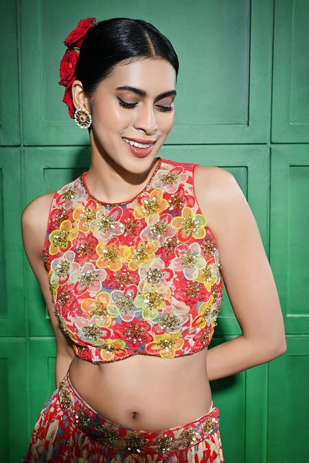 Buy_Keith Gomes_Red Georgette, Linen Beads, Embroidery Round Floral Print Lehenga With Blouse _Online_at_Aza_Fashions