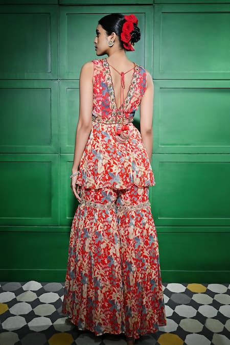 Shop Keith Gomes Red Georgette, Silk Organza Embroidery, Floral Print Peplum Tunic Gharara Set at Aza Fashions Shop_Keith Gomes_Red Georgette, Silk Organza Embroidery, Floral Print Peplum Tunic Gharara Set _at_Aza_Fashions