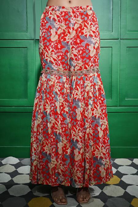 Buy Keith Gomes Red Georgette, Silk Organza Embroidery, Floral Print Peplum Tunic Gharara Set Online at Aza Fashions Buy_Keith Gomes_Red Georgette, Silk Organza Embroidery, Floral Print Peplum Tunic Gharara Set _Online_at_Aza_Fashions