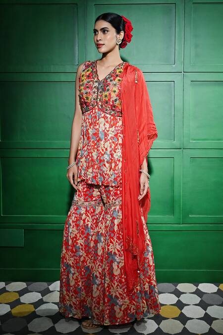 Shop Keith Gomes Red Georgette, Silk Organza Embroidery, Floral Print Peplum Tunic Gharara Set Online at Aza Fashions Shop_Keith Gomes_Red Georgette, Silk Organza Embroidery, Floral Print Peplum Tunic Gharara Set _Online_at_Aza_Fashions