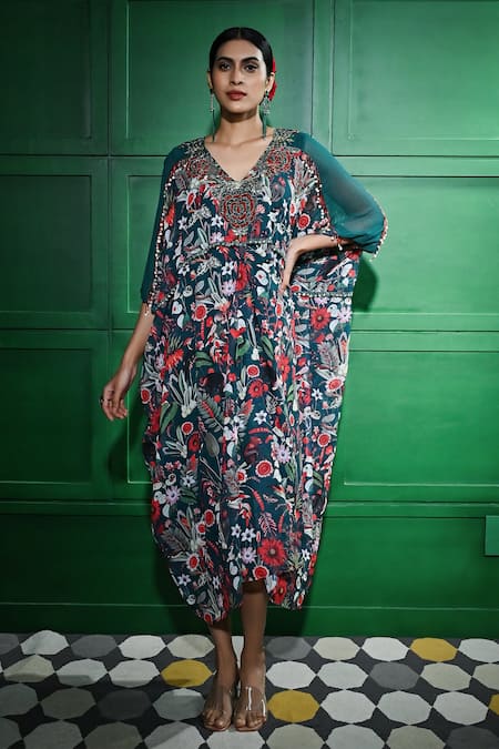 Keith Gomes Green Georgette Printed Tropical V Neck Floral Kaftan 