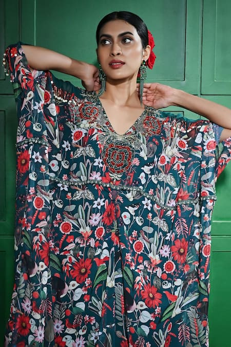 Keith Gomes_Green Georgette, Lycra, Silk Beads V-neck Floral Print Kaftan _Online_at_Aza_Fashions