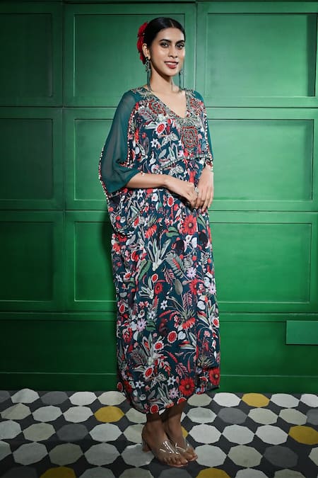 Buy_Keith Gomes_Green Georgette, Lycra, Silk Beads V-neck Floral Print Kaftan _Online_at_Aza_Fashions