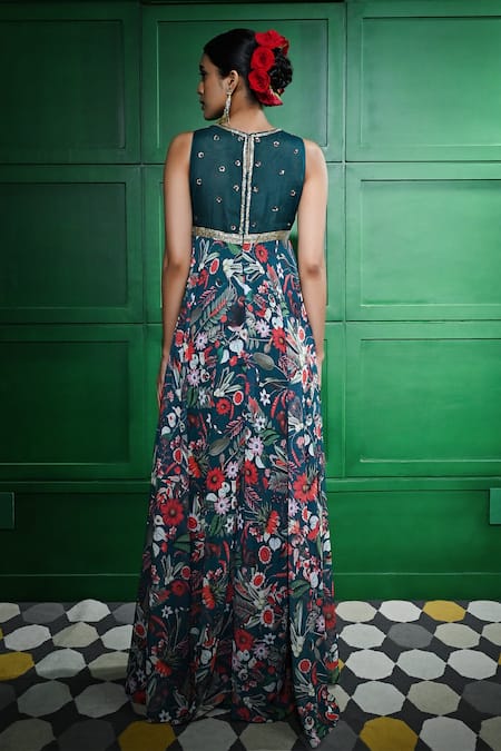Shop Keith Gomes Green Georgette, Linen Embroidery, Beads V-neck Floral Print Jumpsuit at Aza Fashions Shop_Keith Gomes_Green Georgette, Linen Embroidery, Beads V-neck Floral Print Jumpsuit _at_Aza_Fashions