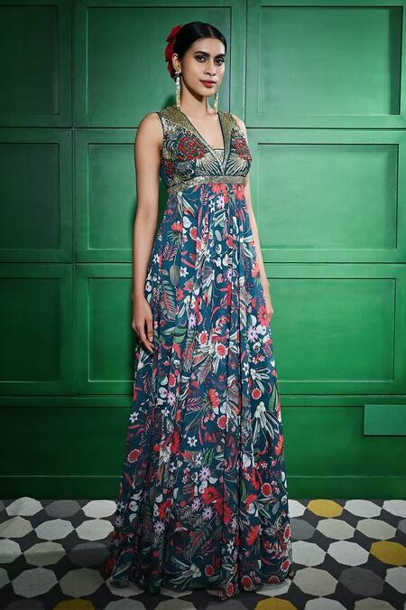 Keith Gomes Green Georgette, Linen Embroidery, Beads V-neck Floral Print Jumpsuit Online at Aza Fashions Keith Gomes_Green Georgette, Linen Embroidery, Beads V-neck Floral Print Jumpsuit _Online_at_Aza_Fashions