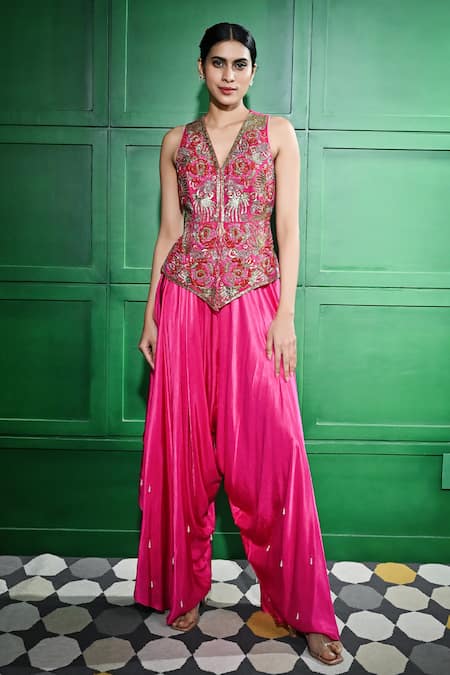 Keith Gomes Floral Embroidered Peplum Top With Draped Pant 