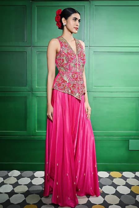 Keith Gomes Pink Satin, Silk Organza Beads Floral Embroidered Peplum Top With Draped Pant Online at Aza Fashions Keith Gomes_Pink Satin, Silk Organza Beads Floral Embroidered Peplum Top With Draped Pant _Online_at_Aza_Fashions